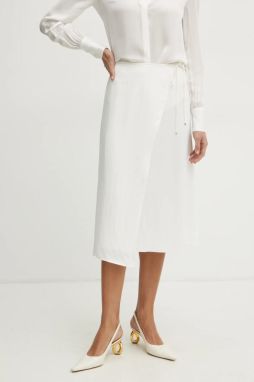 Sukňa BOSS béžová farba, midi, áčkový strih, 50538116