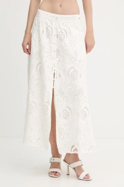 Bavlnená sukňa Guess DOMITILLE béžová farba, midi, rovný strih, W5GD63 WH521