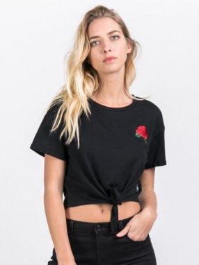 Crop Top T-shirt Black Chest Patch Knot S