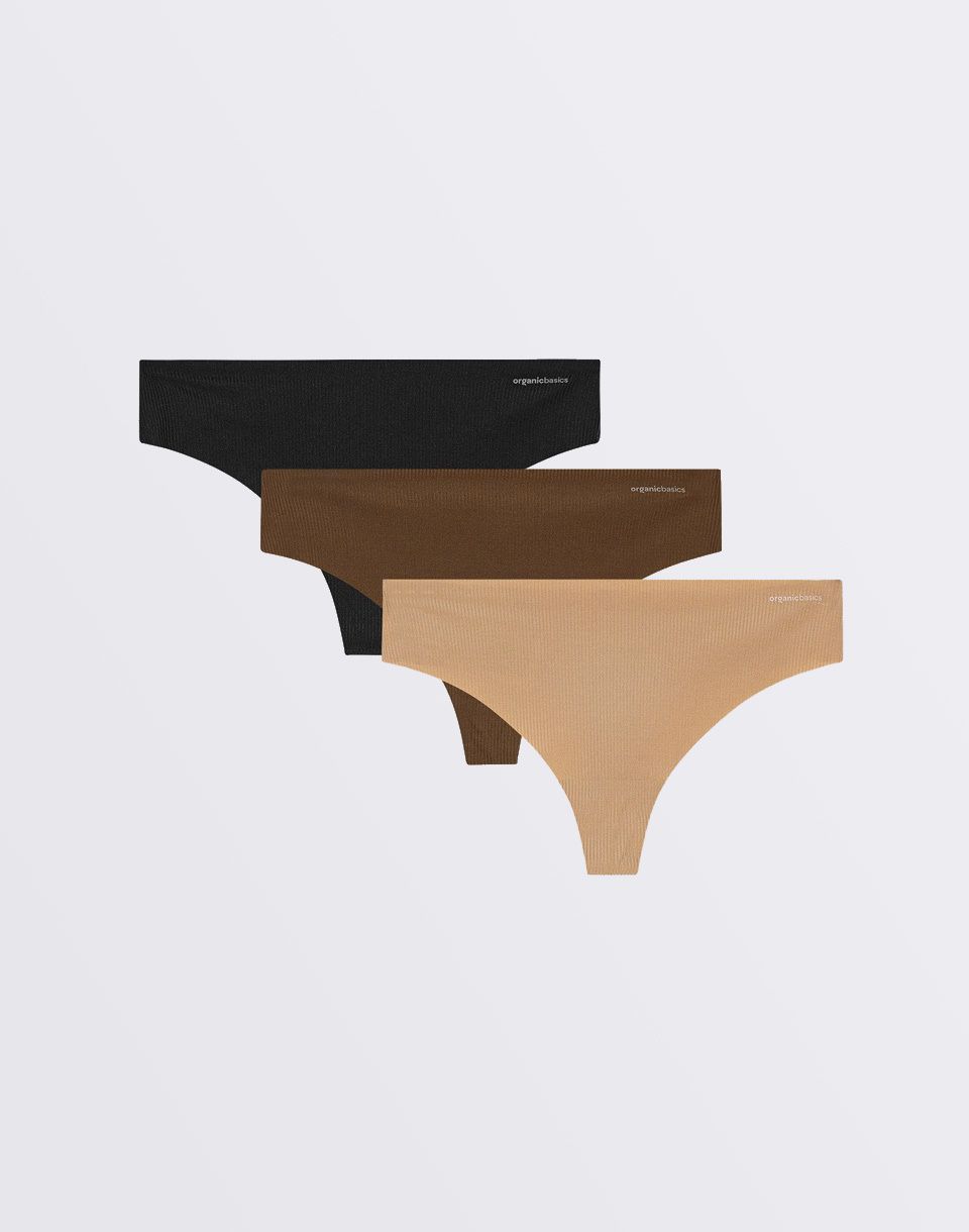 Organic Basics Naked Rib Thong 3-pack Black / Walnut / Hazelnut