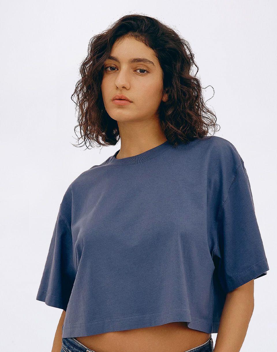 Organic Basics True Boxy Crop Tee Stone Blue