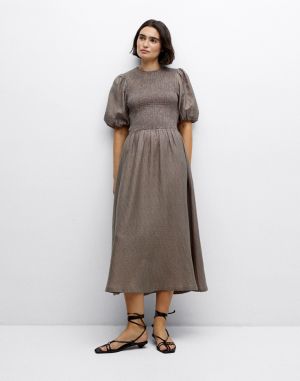 Yerse Long Puffed-Sleeve Dress KAKI