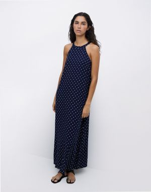 Yerse Blue Halter-Neck Long Dress NAVY DOTS
