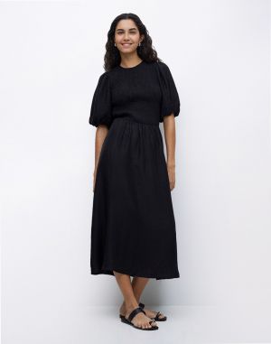 Yerse Long Puffed-Sleeve Dress 037 BLACK