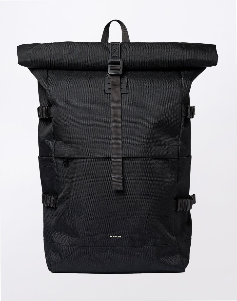 Sandqvist Icon Rolltop Backpack L Black/Black with black leather