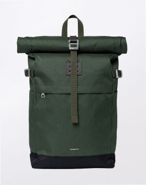 Sandqvist Icon Rolltop Backpack M Green with dark brown leather