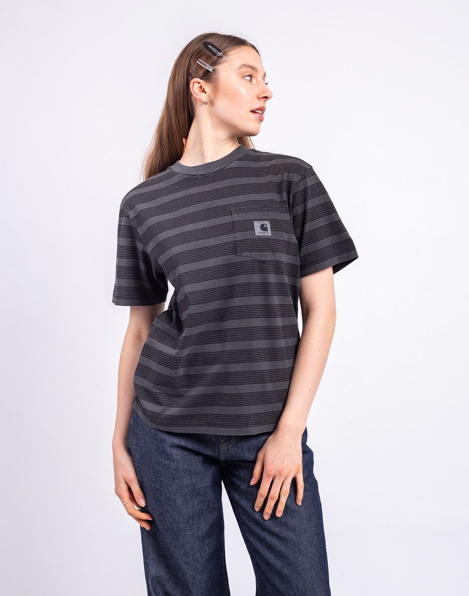 Carhartt WIP W' S/S Hanson Pocket T-Shirt Hanson W Stripe, Black garment dyed
