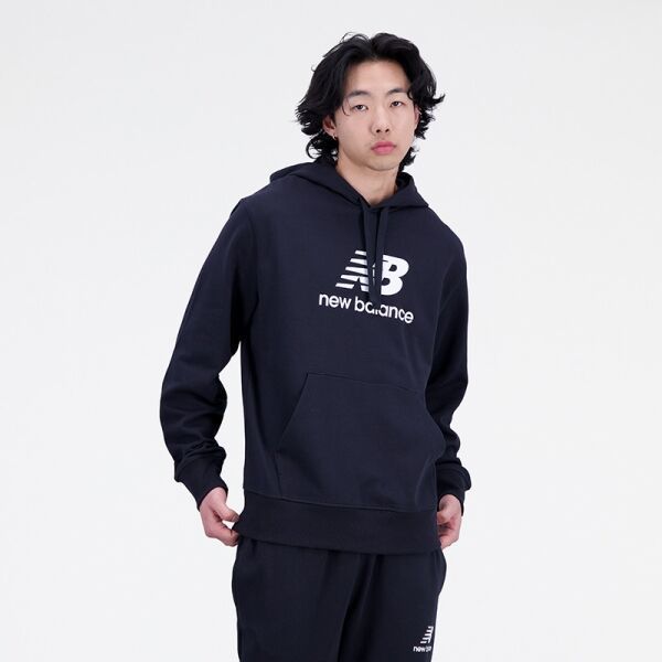 New Balance ESSENTIALS STACKED LOGO FRENCH TERRY HOODIE Pánska mikina, čierna, veľkosť