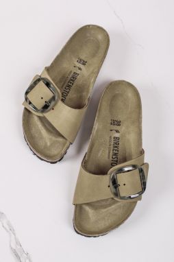 Hnedozelené kožené šľapky Big Buckle