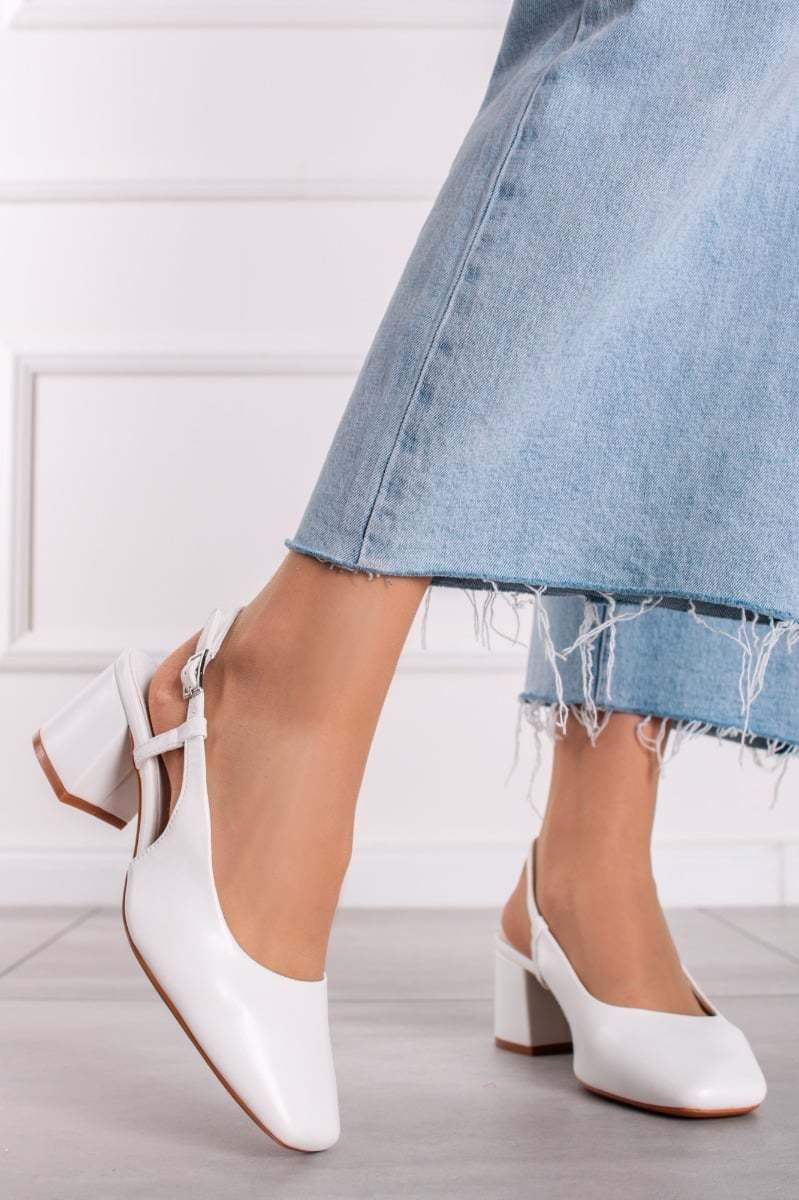 Biele slingback lodičky na hrubom podpätku Ilene