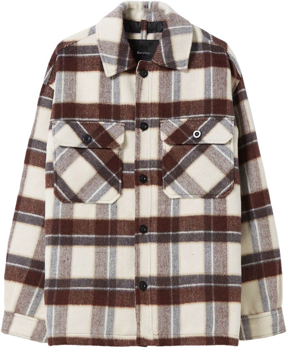 Bershka Prechodná bunda  tmavohnedá / bordová / biela