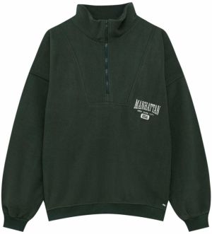 Pull&Bear Mikina  tmavozelená / biela