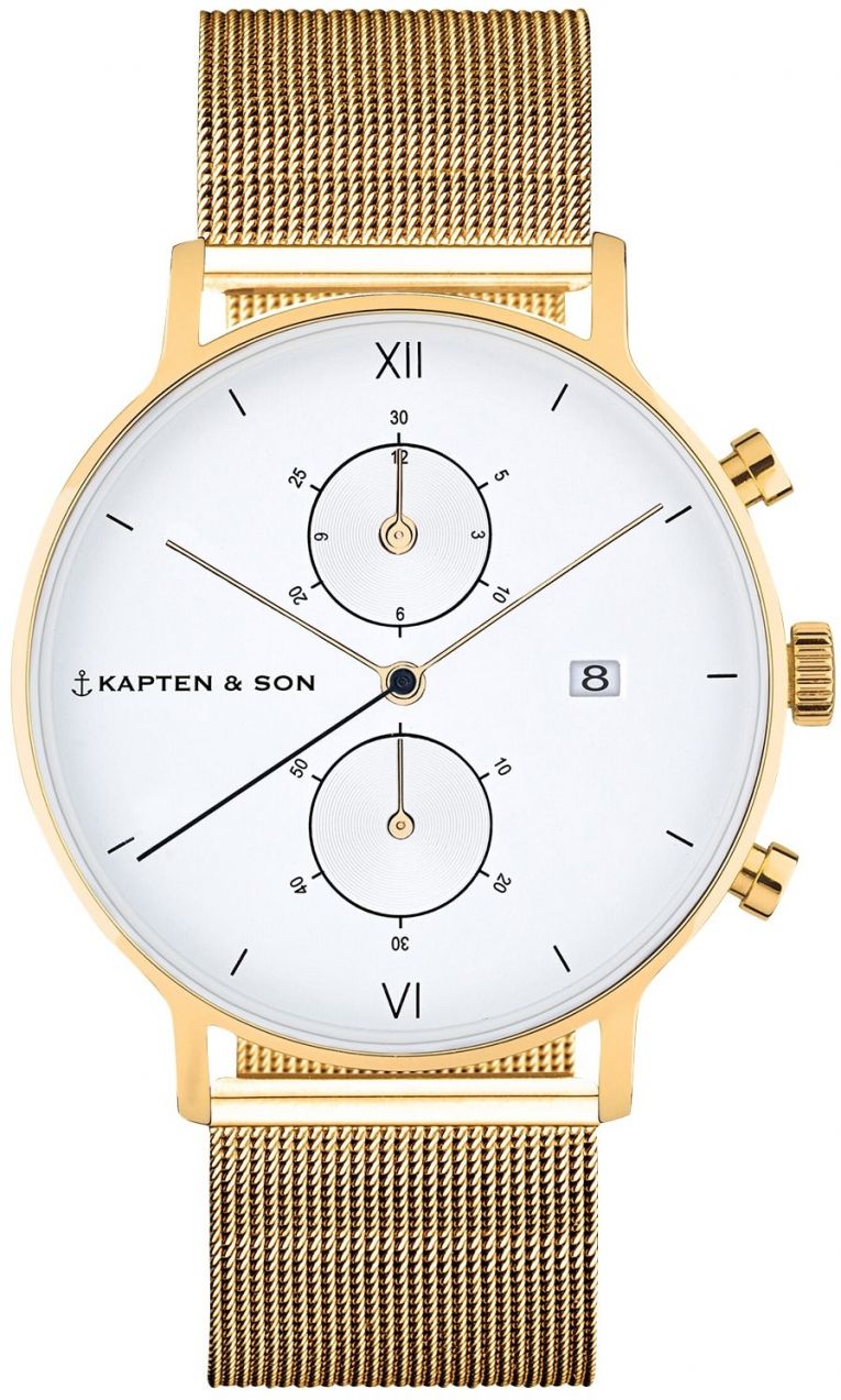 Kapten & Son Analógové hodinky 'Chrono Small Gold Mesh'  zlatá / biela