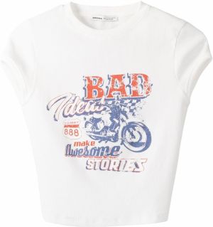 Bershka Tričko  béžová / námornícka modrá / červená