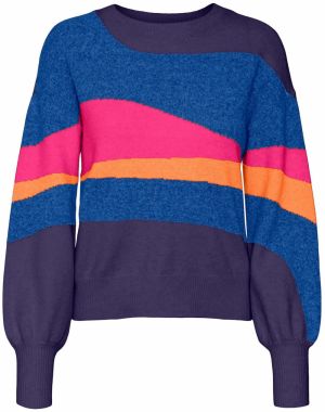 VERO MODA Sveter 'DOFFY'  námornícka modrá / kobaltovomodrá / oranžová / ružová