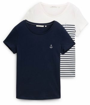 TOM TAILOR DENIM Tričko  námornícka modrá / šedobiela