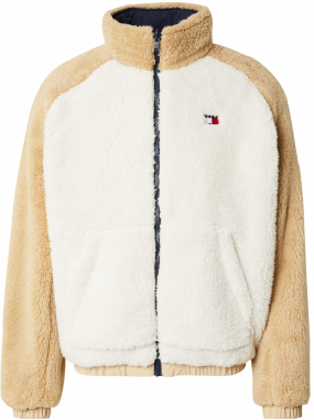 Tommy Jeans Flisová bunda  béžová / biela