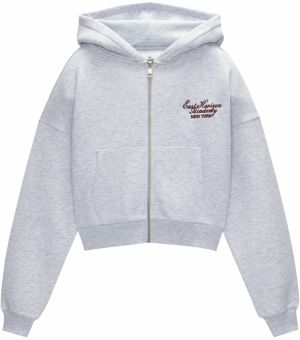 Pull&Bear Tepláková bunda  sivá melírovaná / tmavočervená