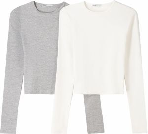 Bershka Tričko  svetlosivá / biela