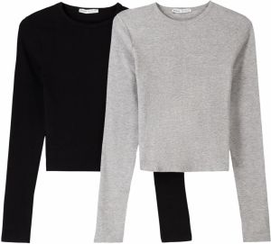 Bershka Tričko  sivá melírovaná / čierna