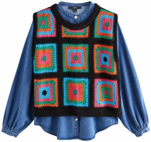 Next Pletená vesta  modrá denim / nefritová / oranžová / čierna