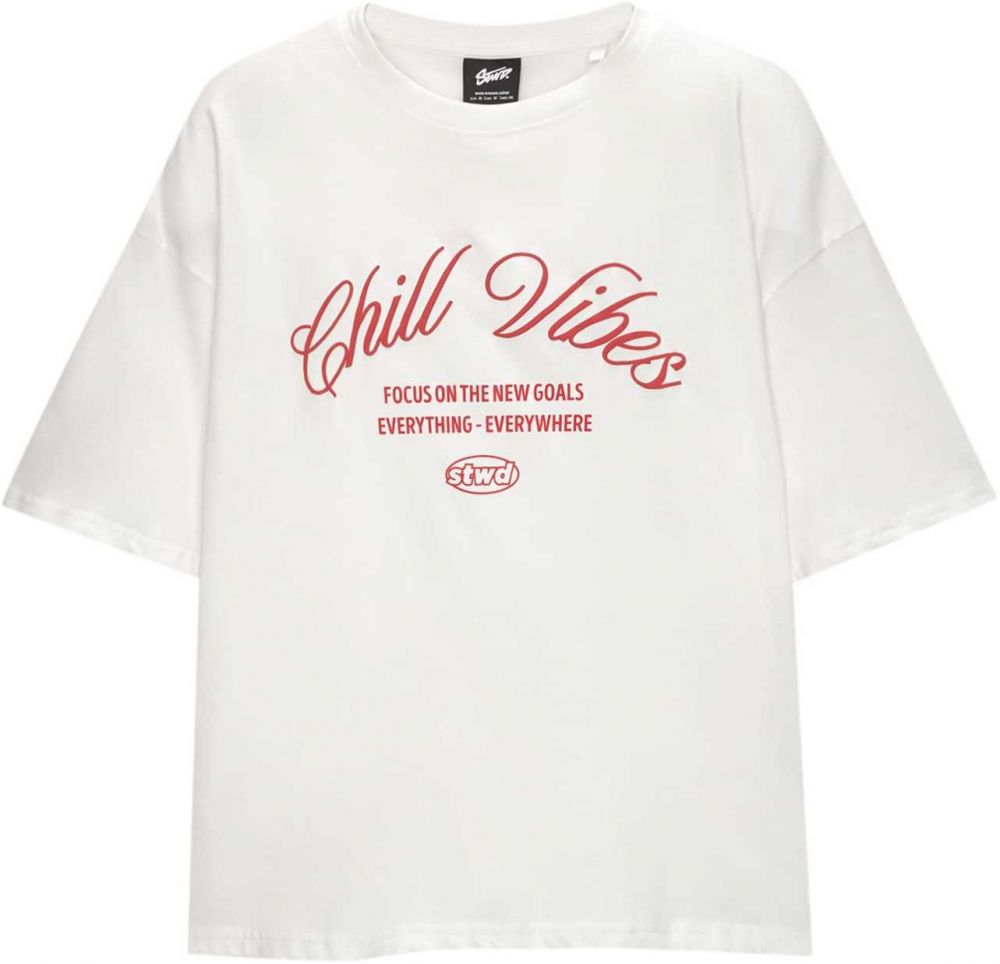 Pull&Bear Tričko 'STWD VOLUMEN  CHILL VIBES'  červená / biela