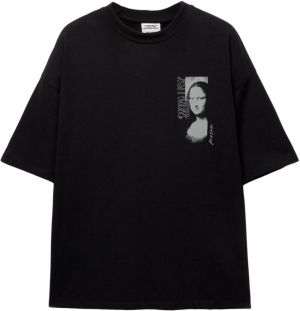 Pull&Bear Tričko 'MONA LISA'  svetlosivá / čierna / biela