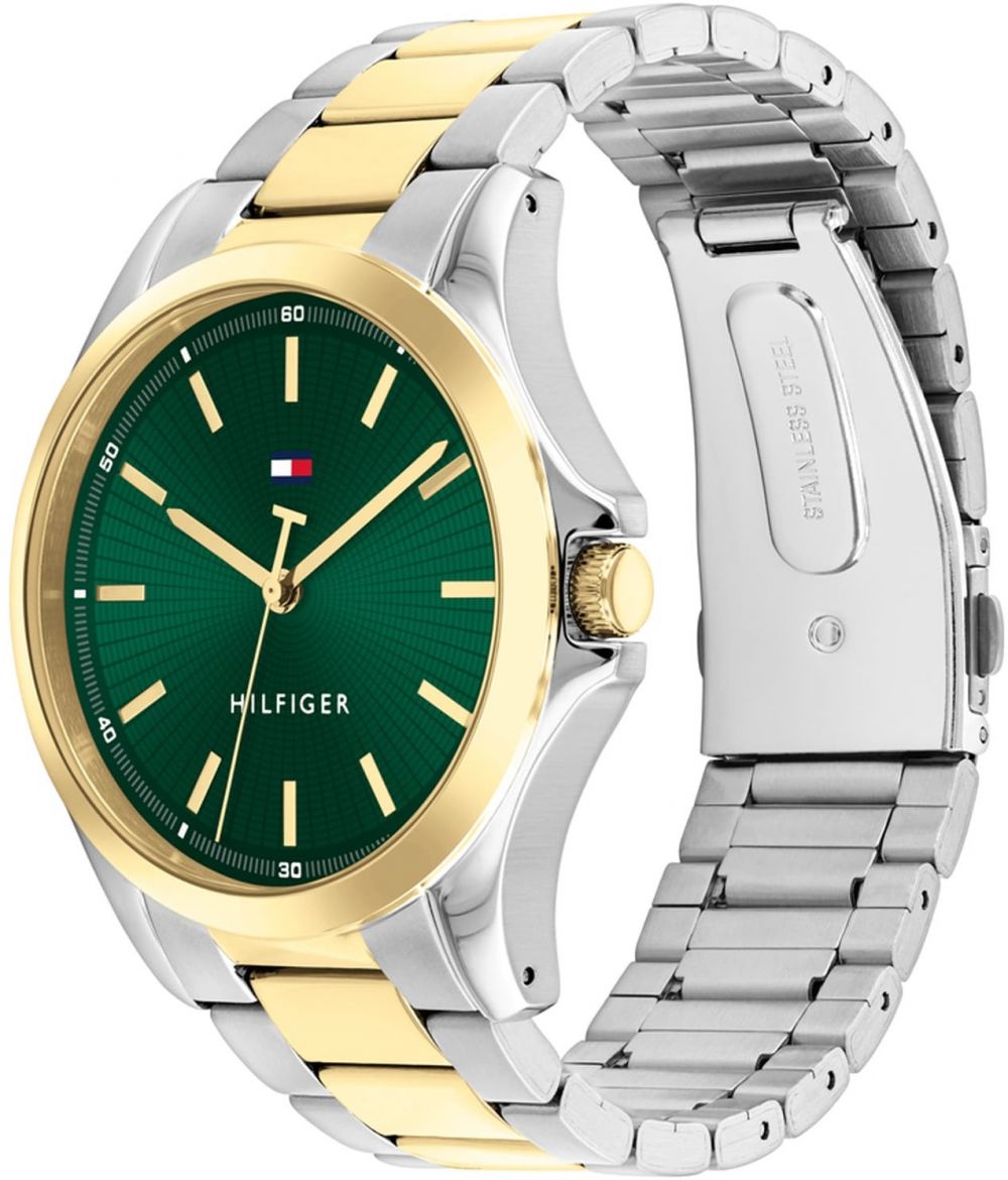 TOMMY HILFIGER Analógové hodinky 'BRUCE'  zlatá / tmavozelená / strieborná