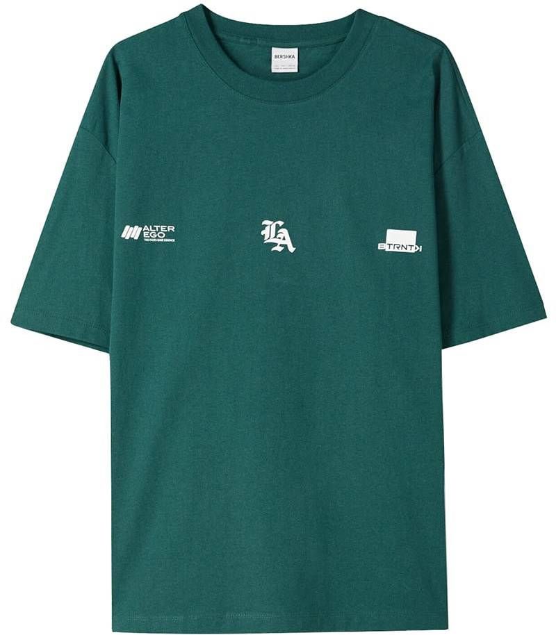 Bershka Tričko  smaragdová / biela