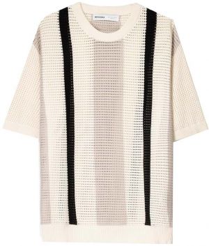 Bershka Tričko  nebielená / tmavobéžová / čierna
