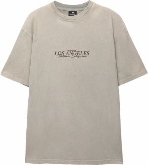 Pull&Bear Tričko 'LOS ANGELES'  sivobéžová / tmavosivá