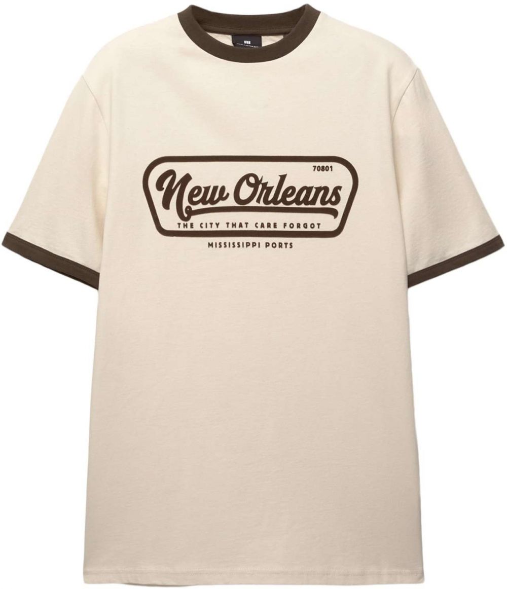 Pull&Bear Tričko 'NEW ORLEANS'  šampanské / hnedá