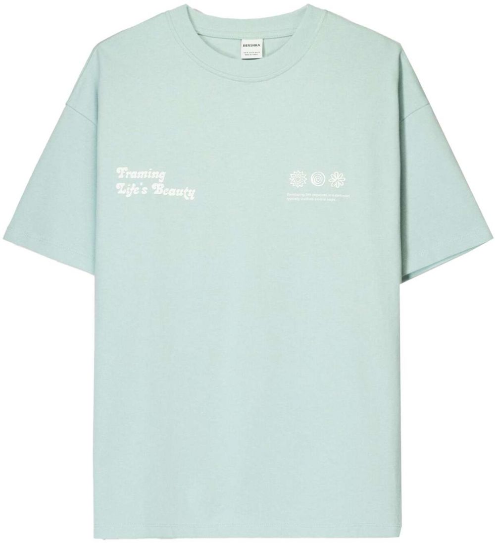 Bershka Tričko  pastelovo modrá / biela