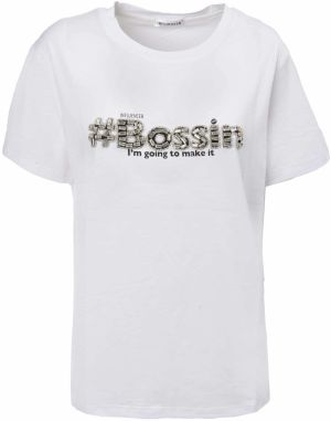 Influencer Tričko 'Bossing'  čierna / strieborná / biela