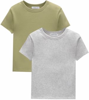 Pull&Bear Tričko  sivá melírovaná / olivová