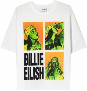 Bershka Tričko 'BILLIE EILISH'  svetlozelená / oranžová / čierna / šedobiela