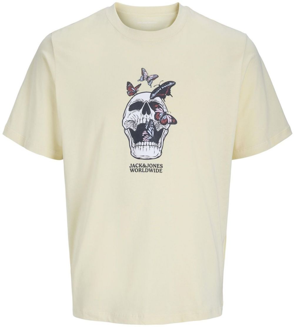 JACK & JONES Tričko 'JORSkull Coast'  krémová / rubínová / čierna / biela