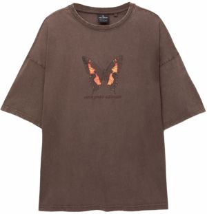 Pull&Bear Tričko 'MARIPOSA'  hnedá / čokoládová / oranžová / oranžovo červená