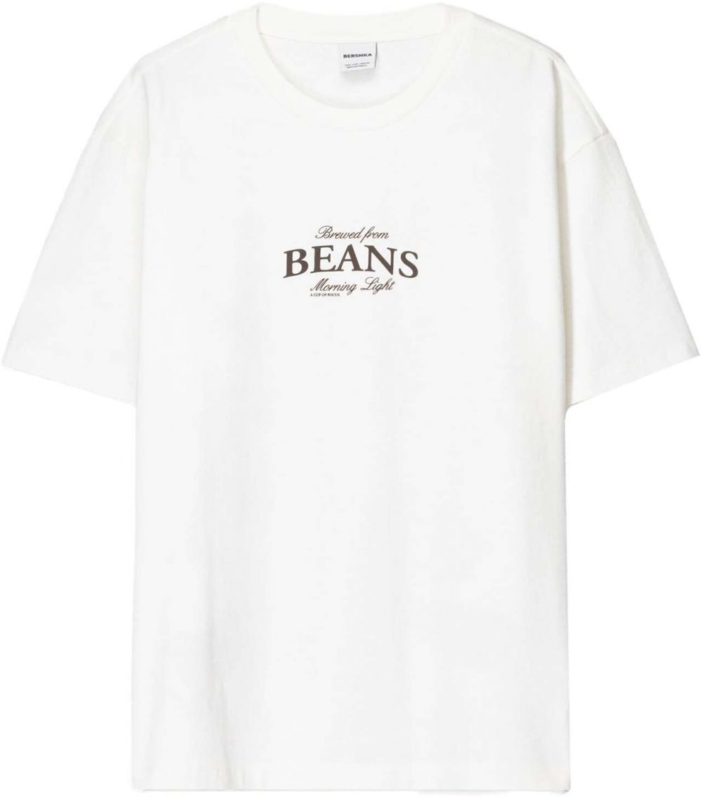 Bershka Tričko 'COFFEE BEANS'  čokoládová / šedobiela