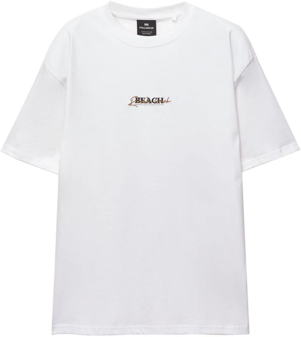 Pull&Bear Tričko 'BEACH'  béžová / hnedá / tmavozelená / biela