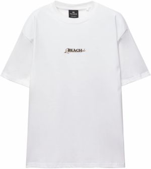 Pull&Bear Tričko 'BEACH'  béžová / hnedá / tmavozelená / biela