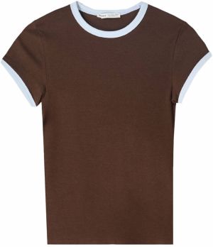Bershka Tričko  čokoládová / biela
