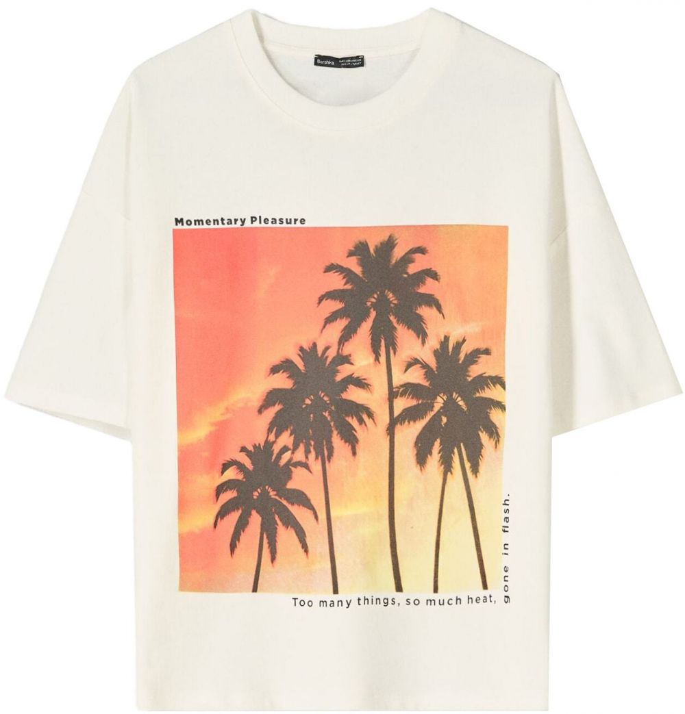 Bershka Tričko 'PALMER'  nebielená / žltá / oranžová / čierna