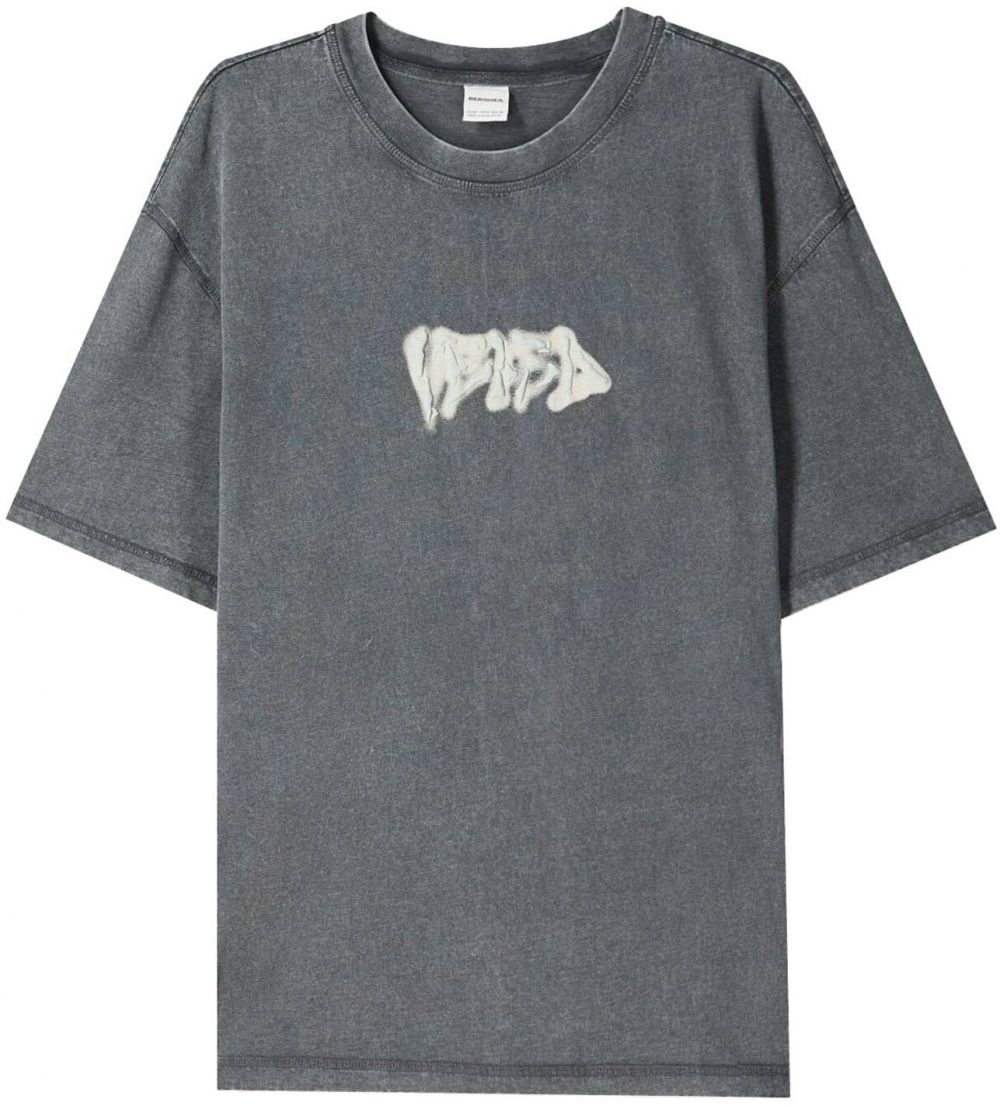 Bershka Tričko  vodová / tmavosivá / biela