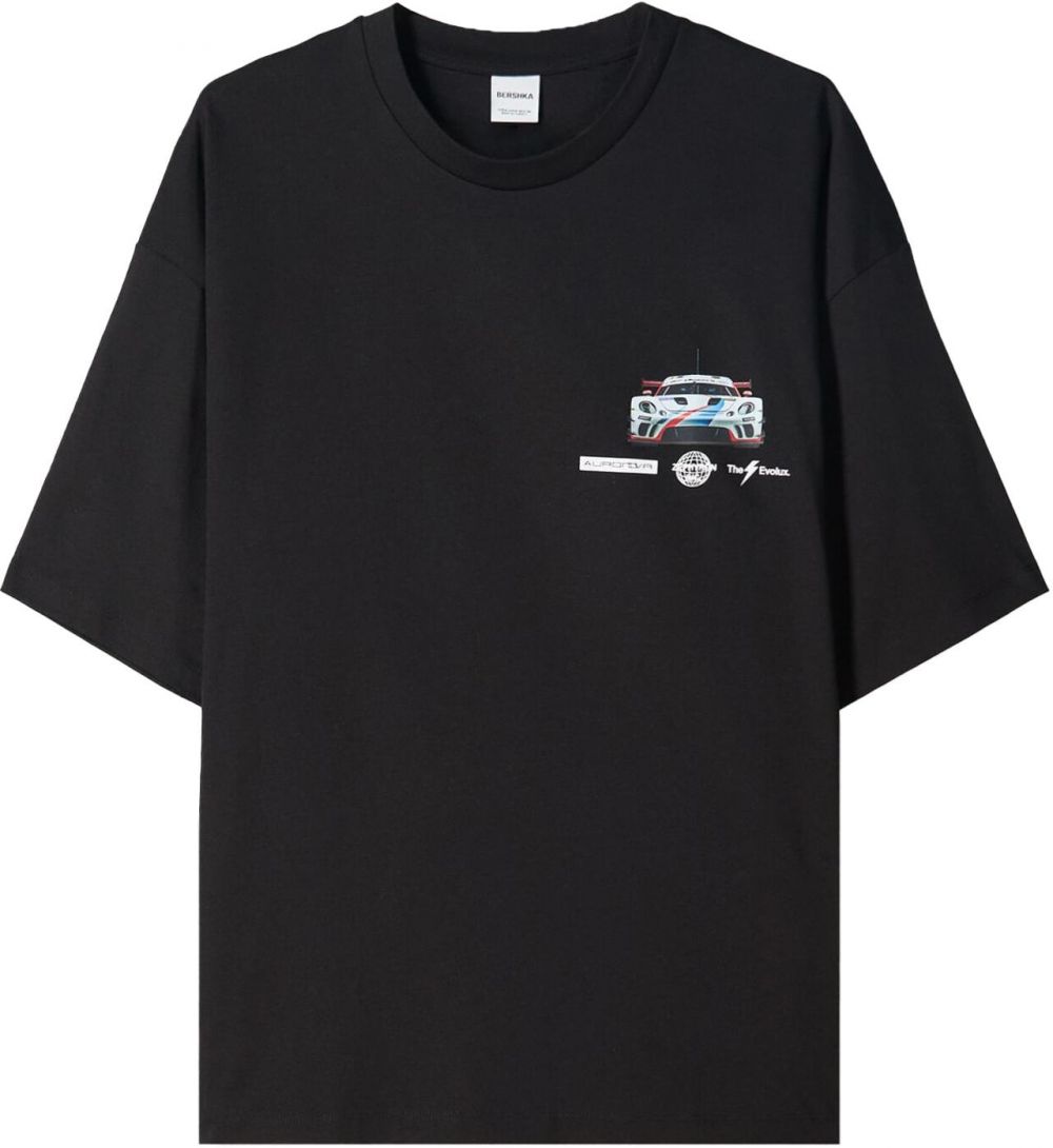 Bershka Tričko 'RACING CARS'  modrá / svetlosivá / čierna / biela