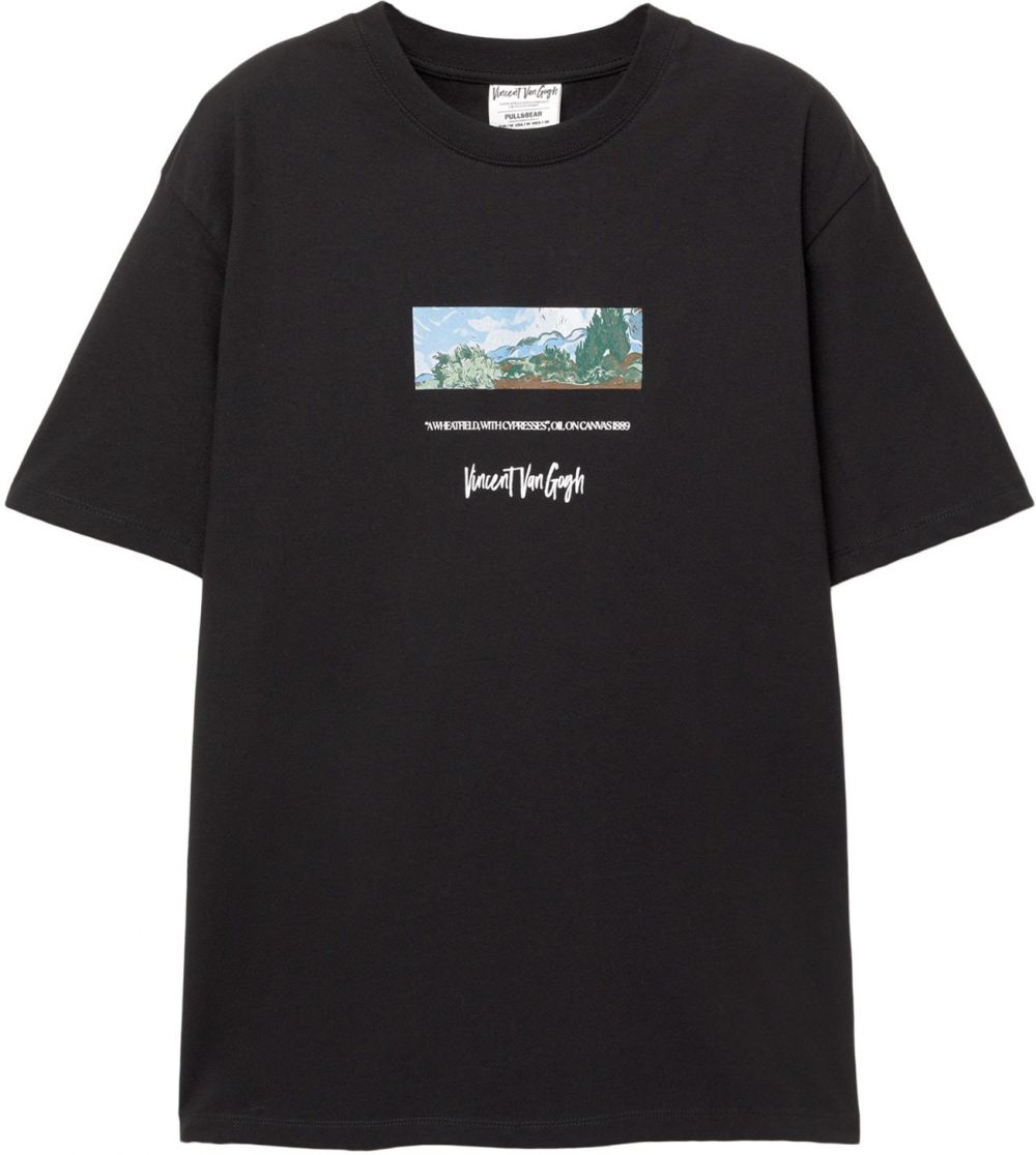 Pull&Bear Tričko 'VAN GOGH'  svetlomodrá / hnedá / čierna / biela
