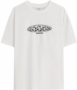 Bershka Tričko 'GOODS'  sivá / čierna / biela
