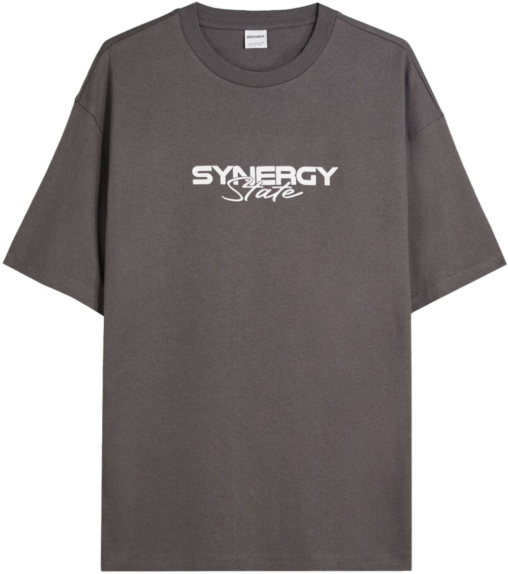 Bershka Tričko 'SYNERGY STATE'  tmavosivá / jasne červená / čierna / biela