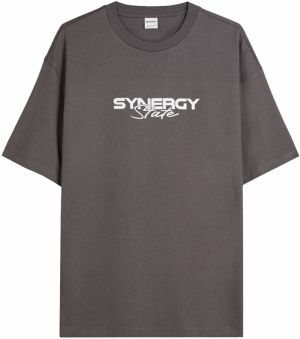 Bershka Tričko 'SYNERGY STATE'  tmavosivá / jasne červená / čierna / biela