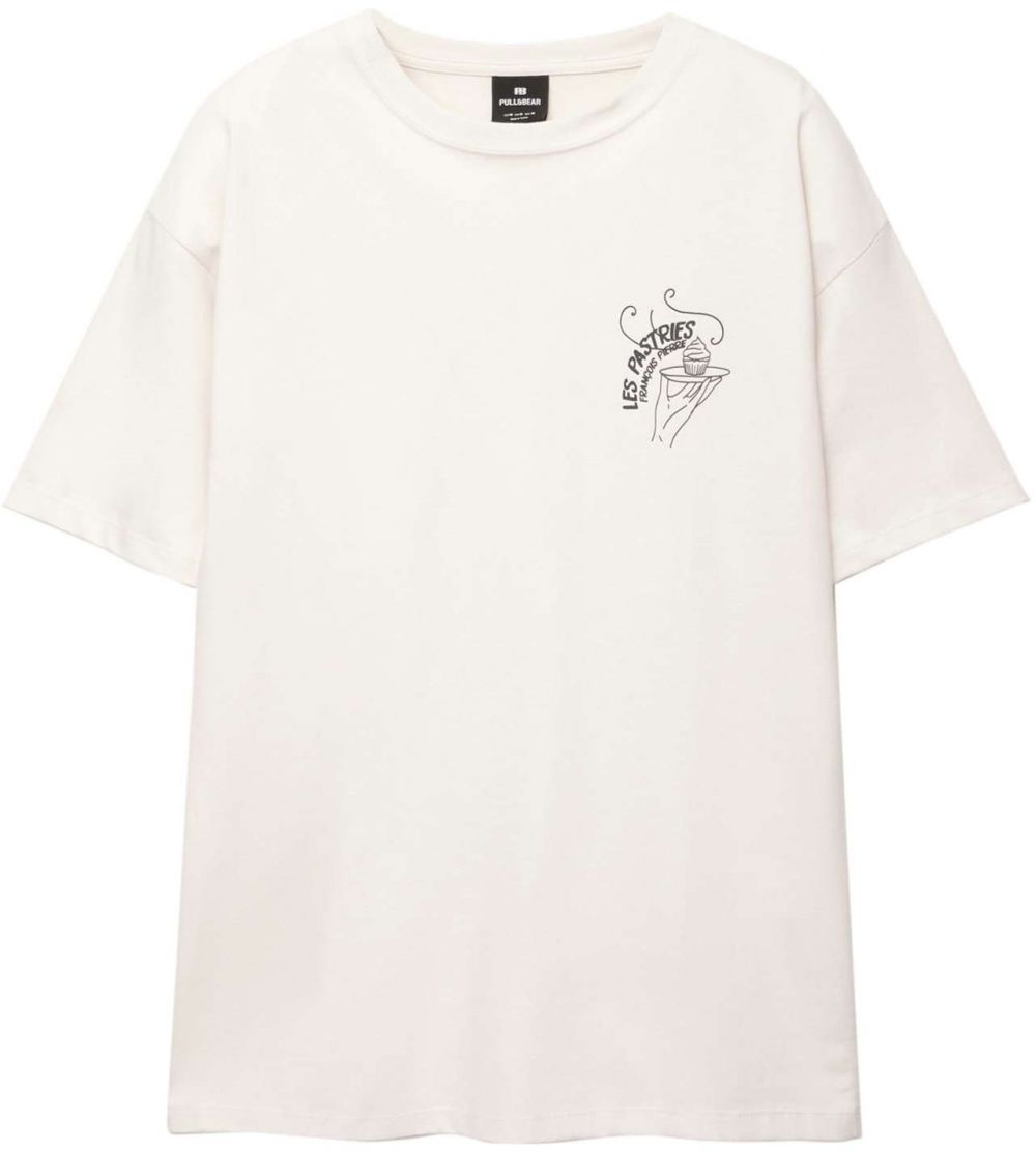 Pull&Bear Tričko 'PARIS 02 RUE TIVOLI'  piesková / čierna